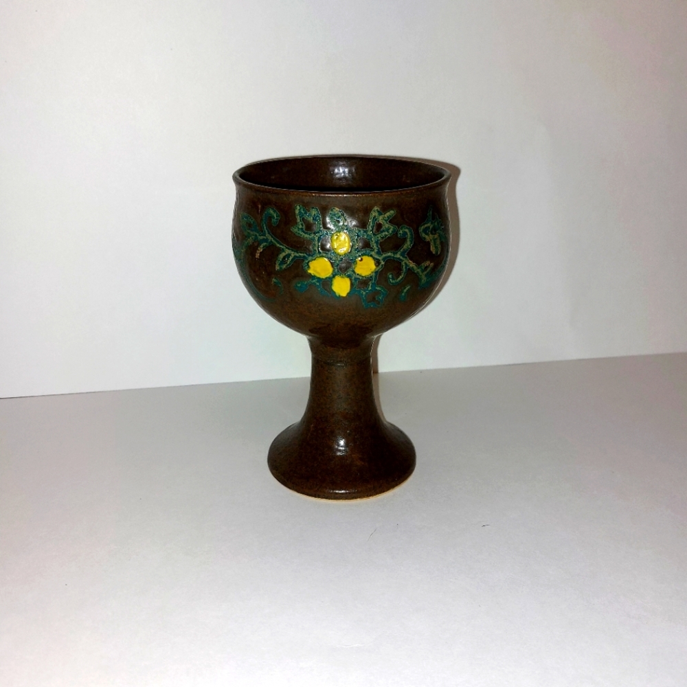 Vintage Wine Chalice Pottery Stoneware Glazed Brown Etched Lemon Scroll Handmade